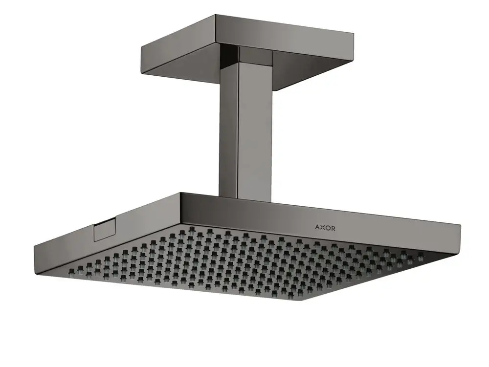 Kopfbrause mit quadratischem Kopf und einem jet, montiert an einer Decke. Der glänzende schwarze Chromfinish ist von der Marke AXOR.
